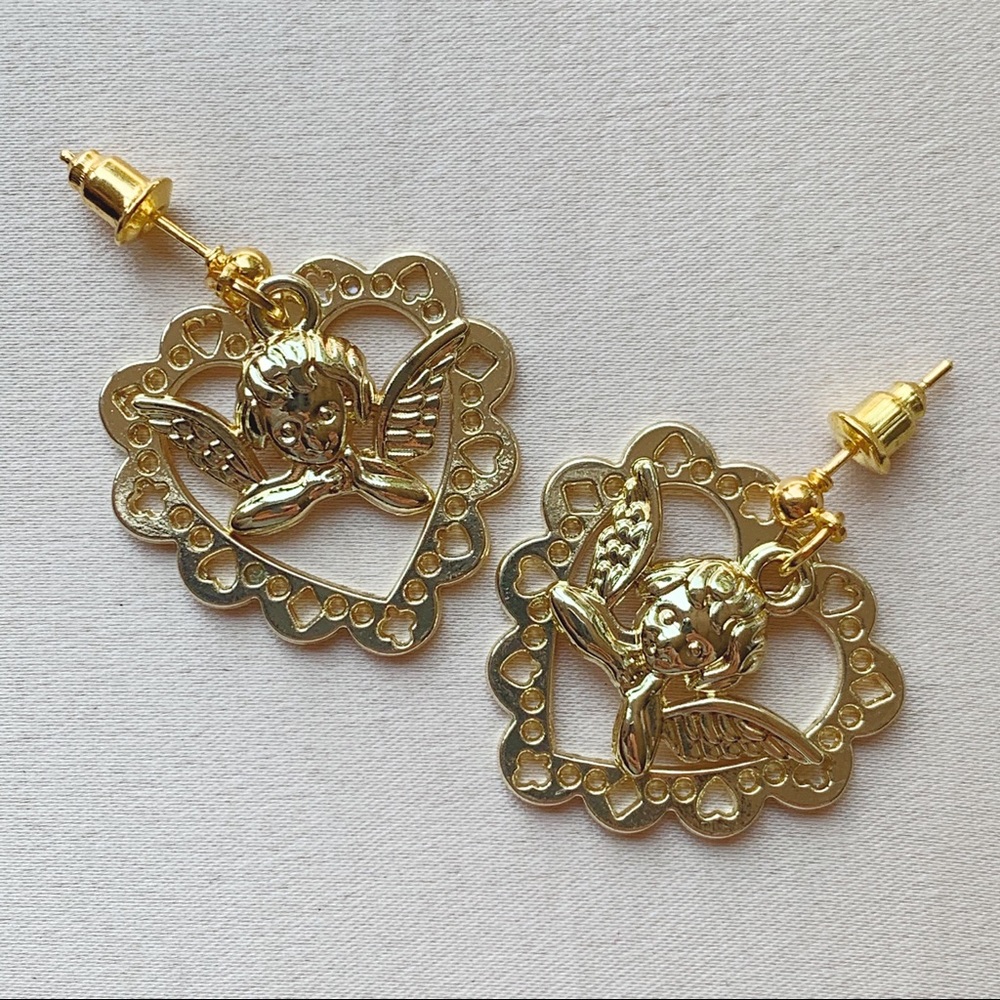 Gold Hollow Out Lace Heart & Angel Earrings